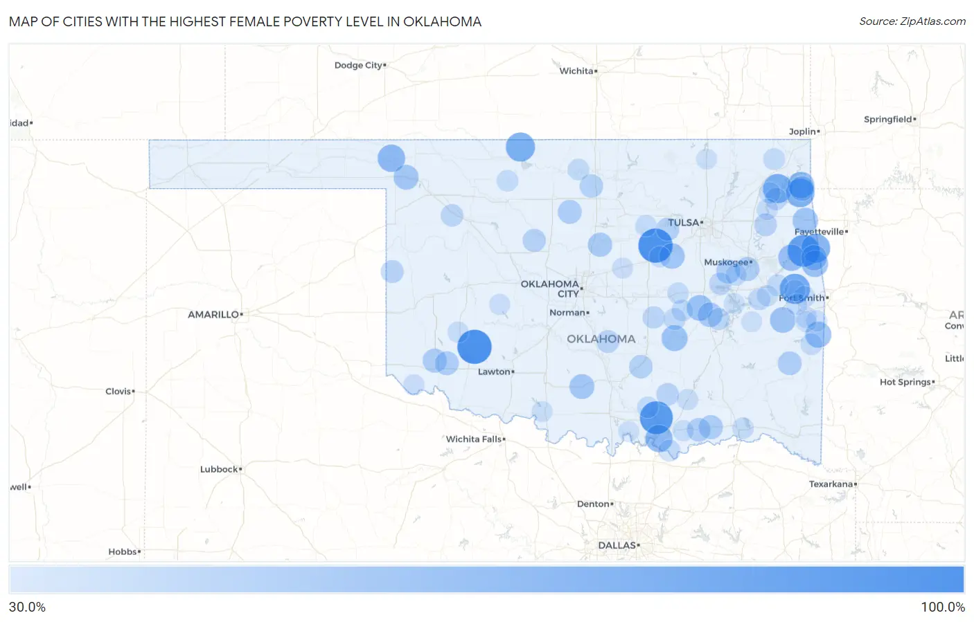 Cities with the Highest Female Poverty Level in Oklahoma Map