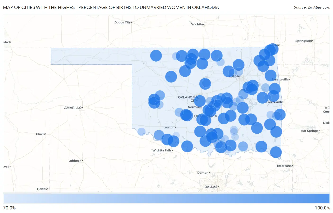 Cities with the Highest Percentage of Births to Unmarried Women in Oklahoma Map