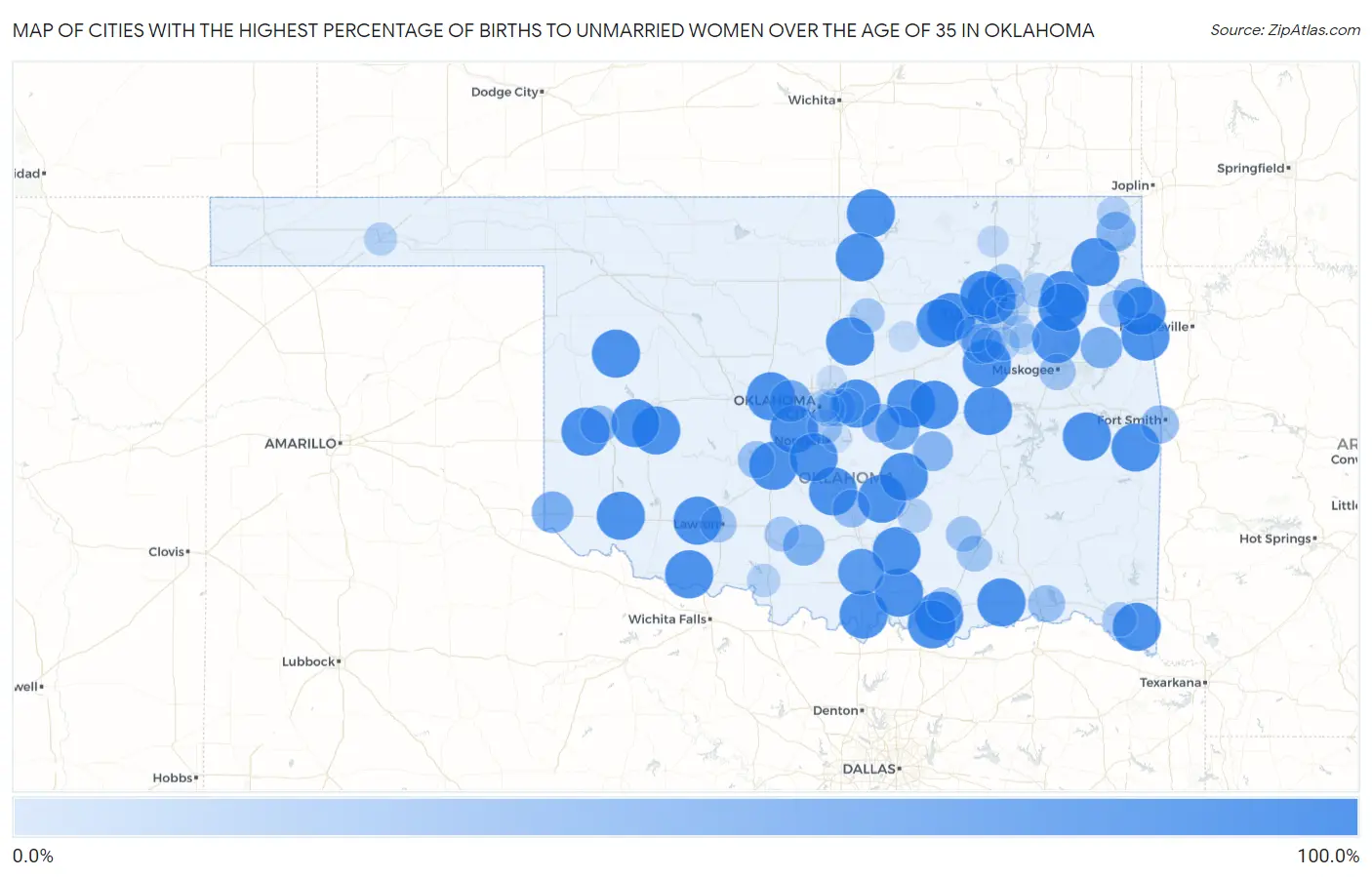 Cities with the Highest Percentage of Births to Unmarried Women over the Age of 35 in Oklahoma Map