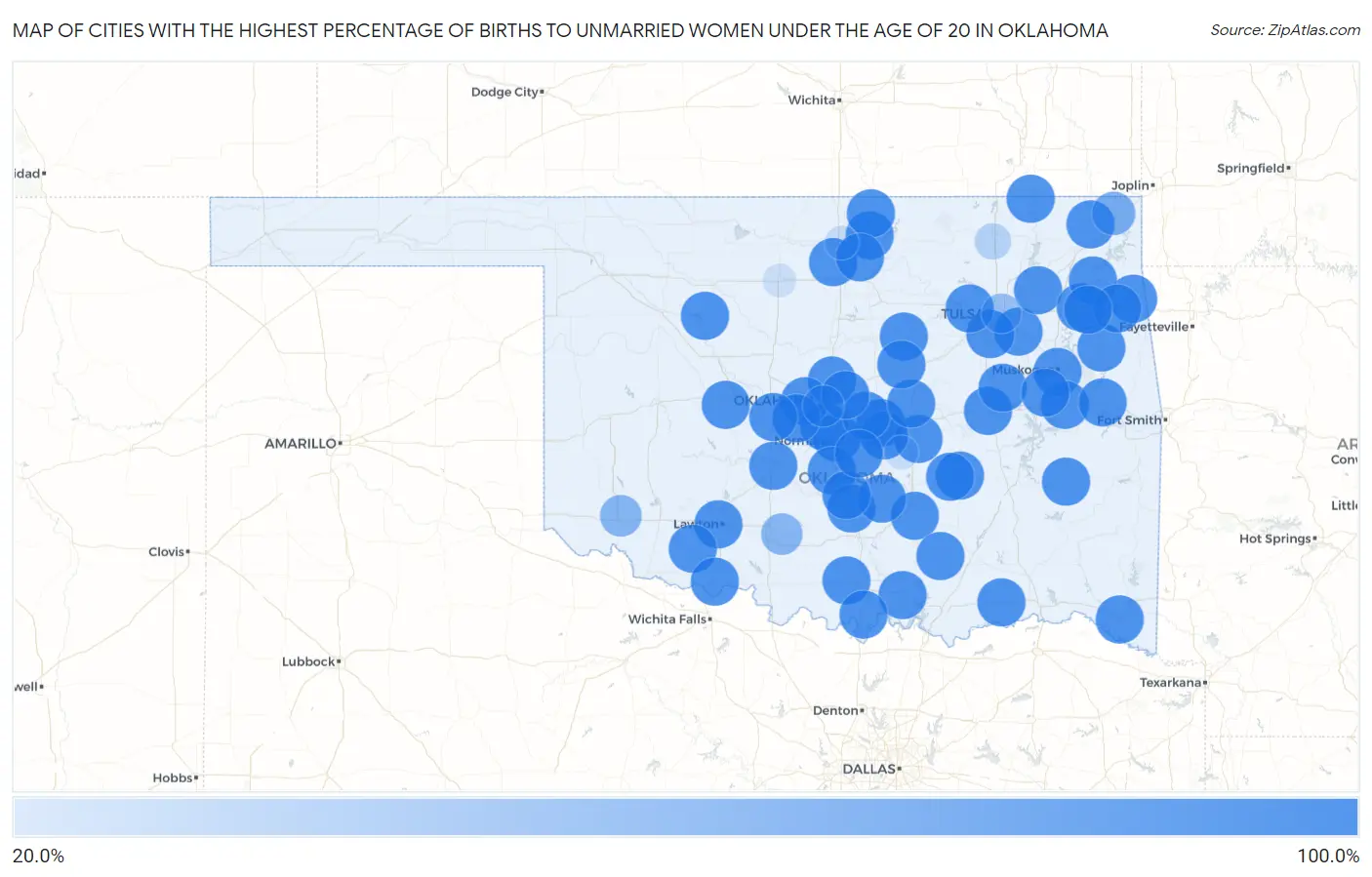 Cities with the Highest Percentage of Births to Unmarried Women under the Age of 20 in Oklahoma Map