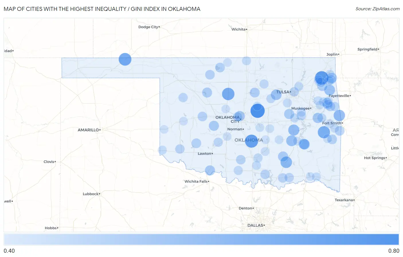 Cities with the Highest Inequality / Gini Index in Oklahoma Map