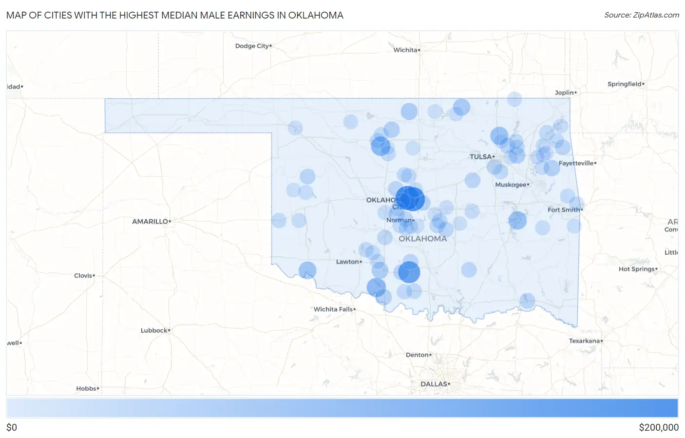 Cities with the Highest Median Male Earnings in Oklahoma Map