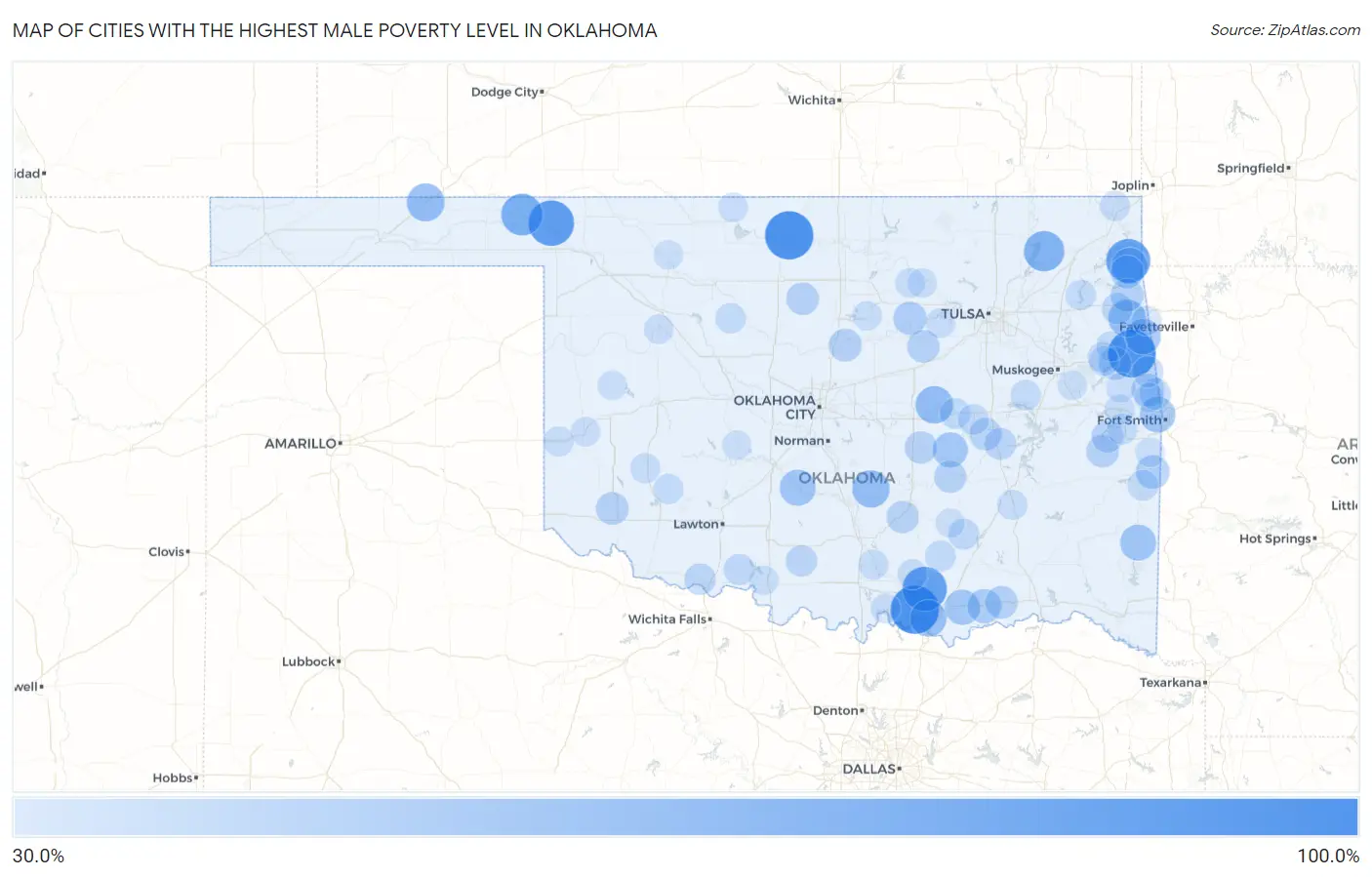 Cities with the Highest Male Poverty Level in Oklahoma Map