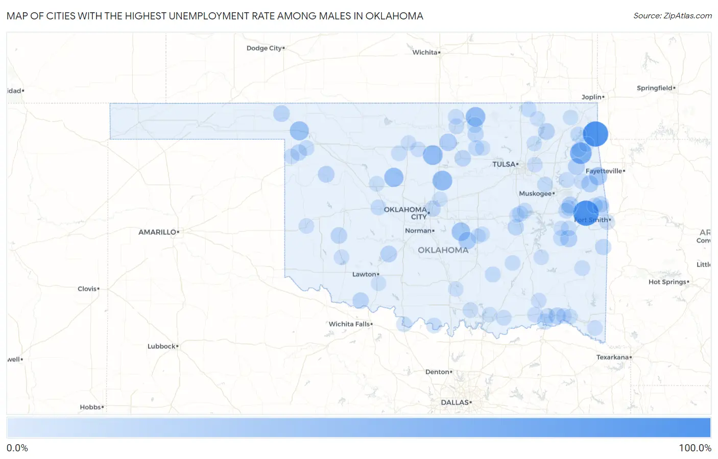 Cities with the Highest Unemployment Rate Among Males in Oklahoma Map