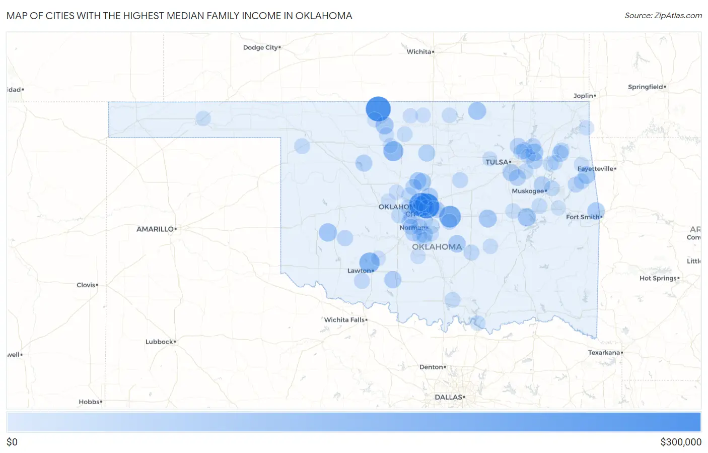 Cities with the Highest Median Family Income in Oklahoma Map