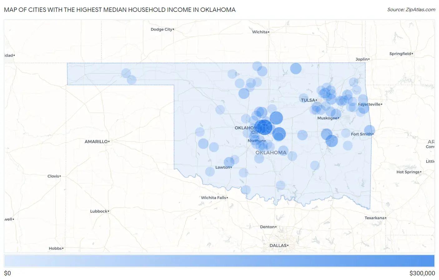 Cities with the Highest Median Household Income in Oklahoma Map