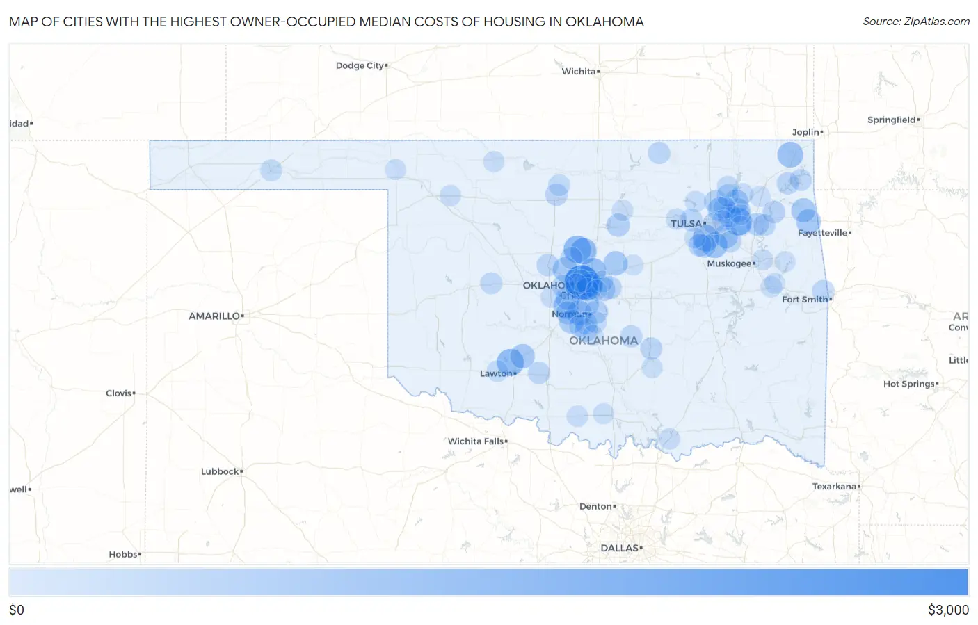 Cities with the Highest Owner-Occupied Median Costs of Housing in Oklahoma Map