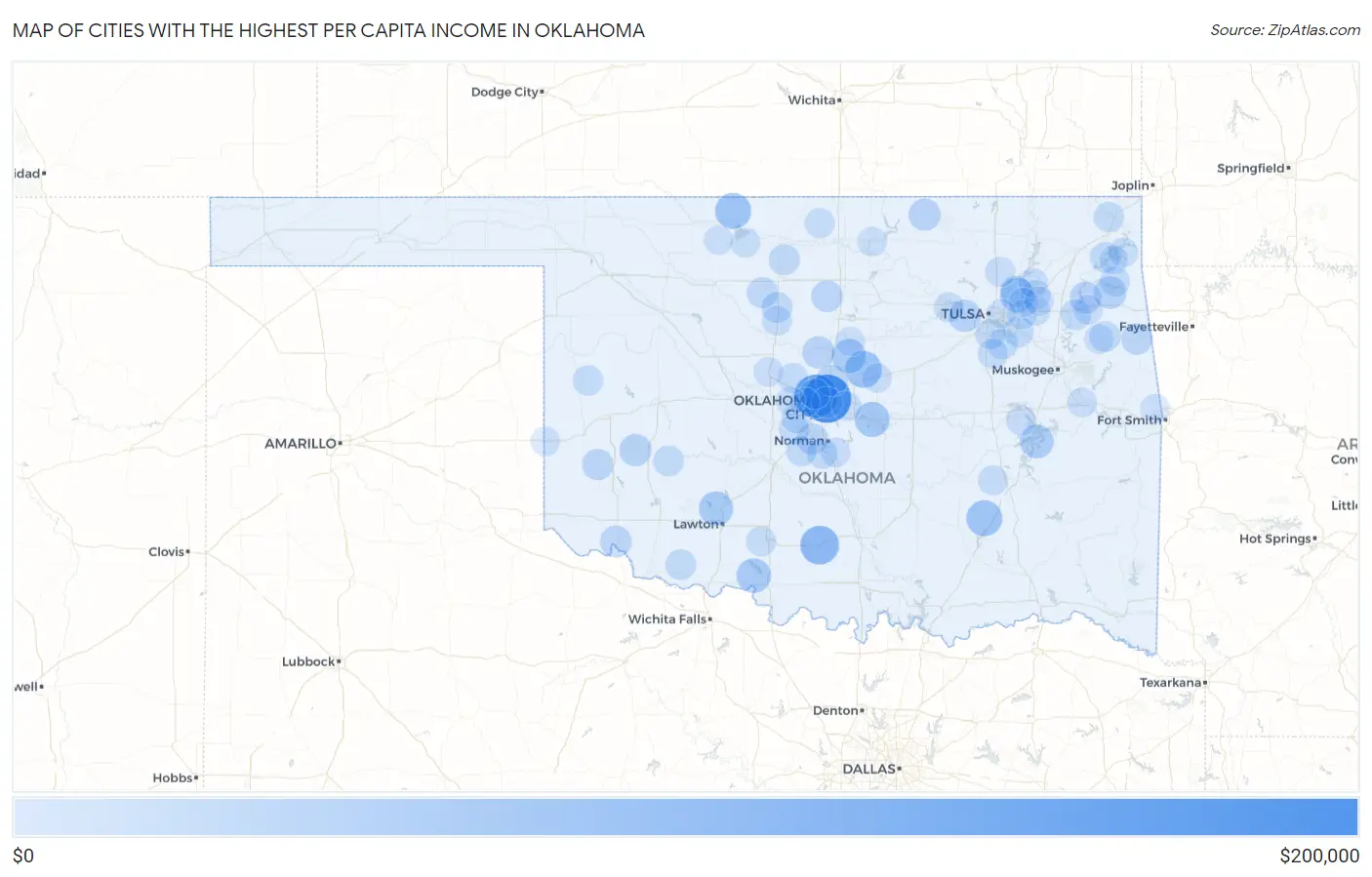 Cities with the Highest Per Capita Income in Oklahoma Map