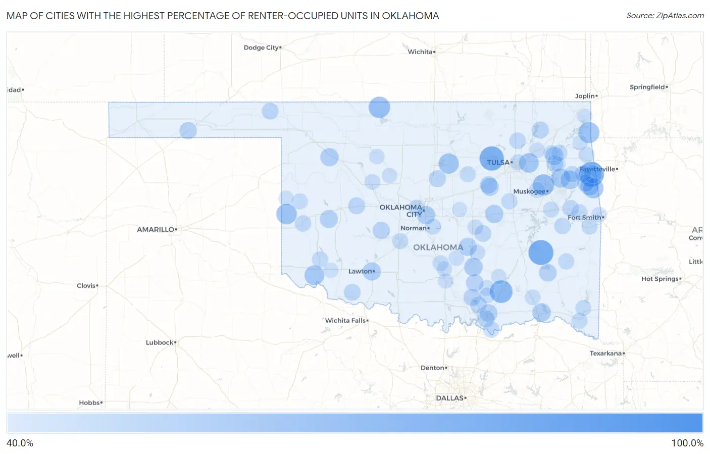 Cities with the Highest Percentage of Renter-Occupied Units in Oklahoma Map