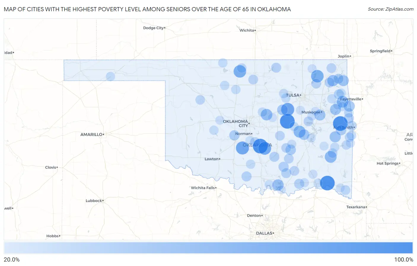 Cities with the Highest Poverty Level Among Seniors Over the Age of 65 in Oklahoma Map