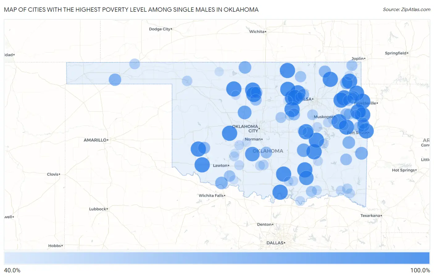 Cities with the Highest Poverty Level Among Single Males in Oklahoma Map