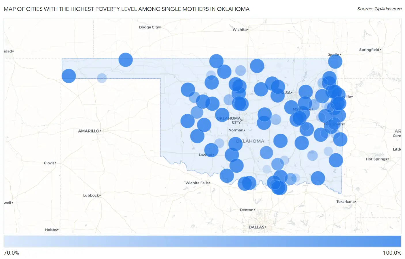Cities with the Highest Poverty Level Among Single Mothers in Oklahoma Map