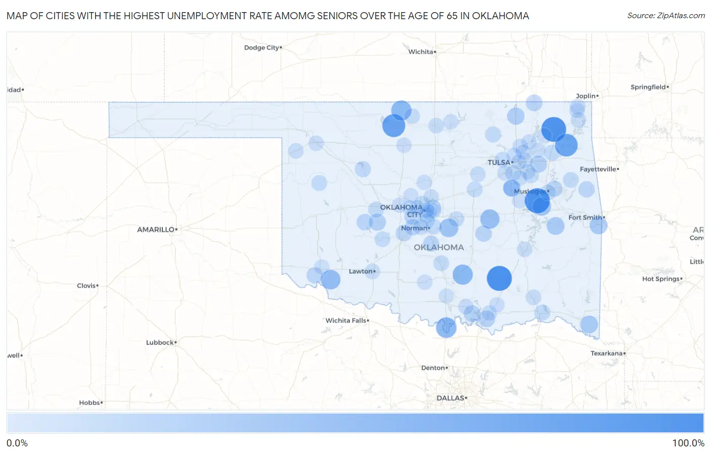 Cities with the Highest Unemployment Rate Amomg Seniors Over the Age of 65 in Oklahoma Map