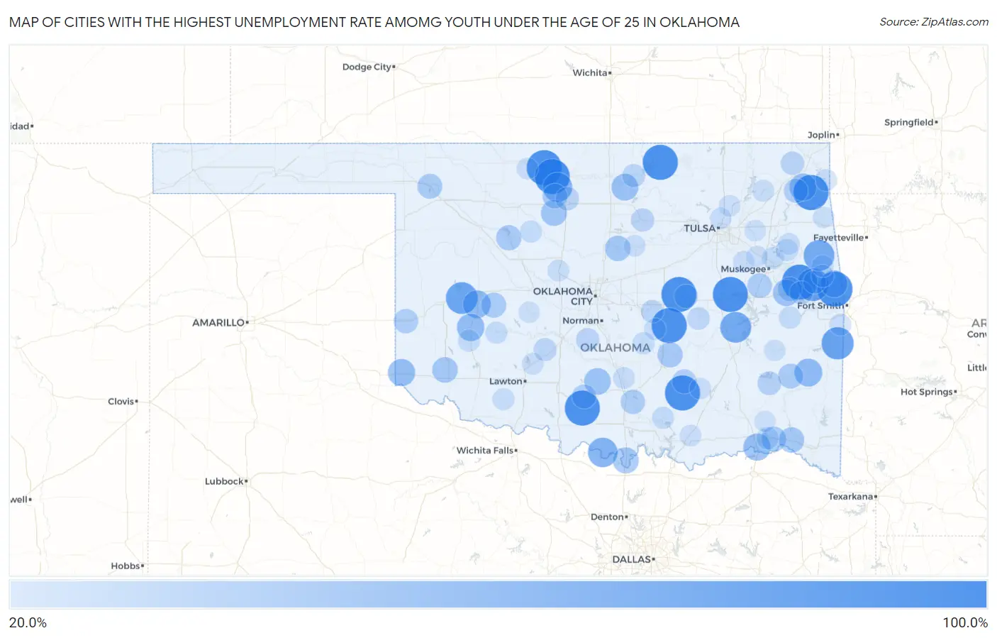 Cities with the Highest Unemployment Rate Amomg Youth Under the Age of 25 in Oklahoma Map
