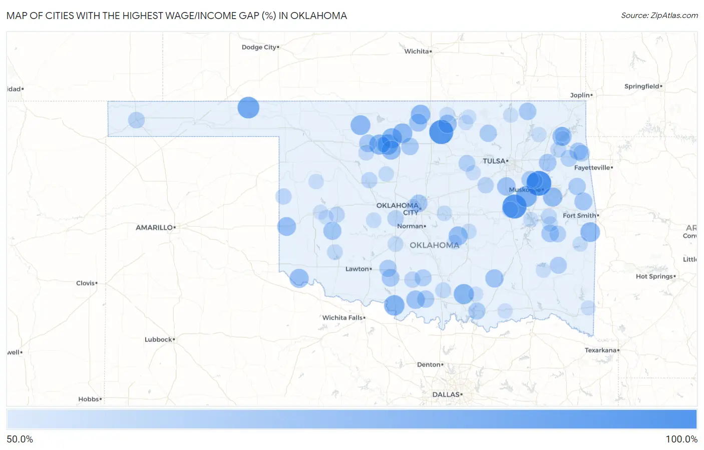 Cities with the Highest Wage/Income Gap (%) in Oklahoma Map