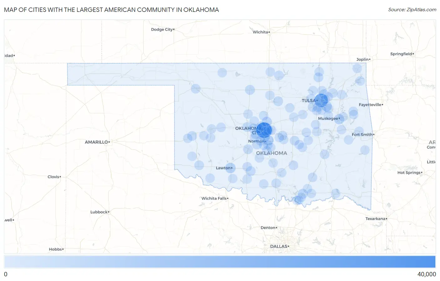 Cities with the Largest American Community in Oklahoma Map