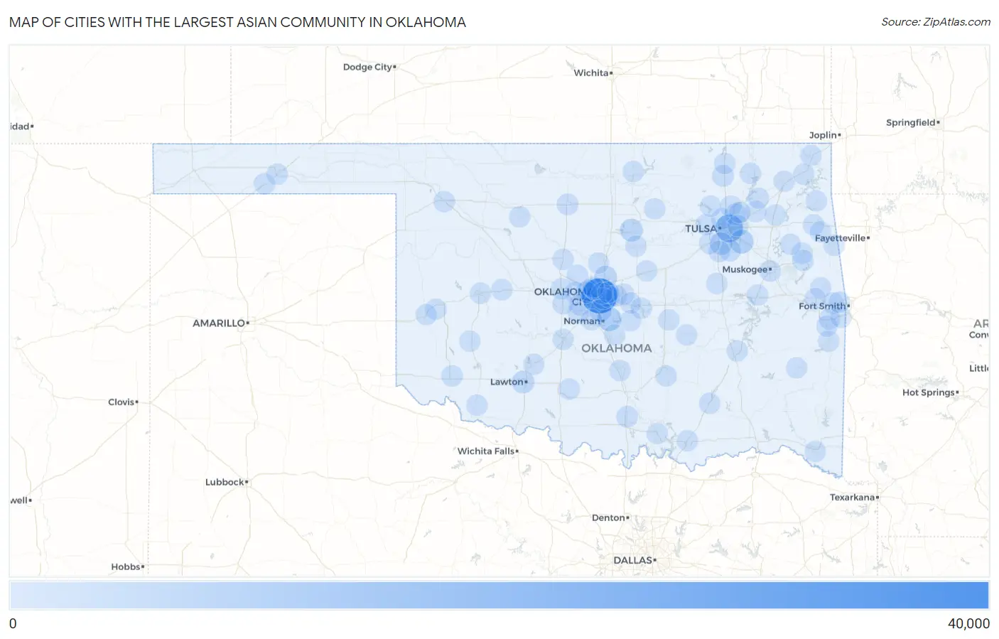 Cities with the Largest Asian Community in Oklahoma Map