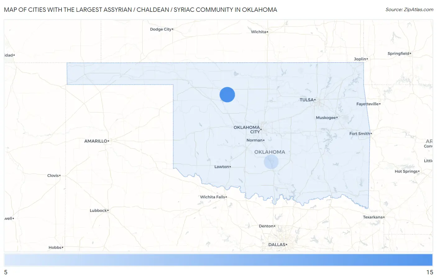 Cities with the Largest Assyrian / Chaldean / Syriac Community in Oklahoma Map