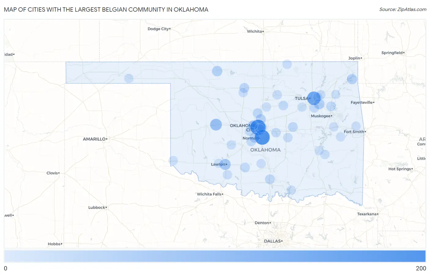 Cities with the Largest Belgian Community in Oklahoma Map
