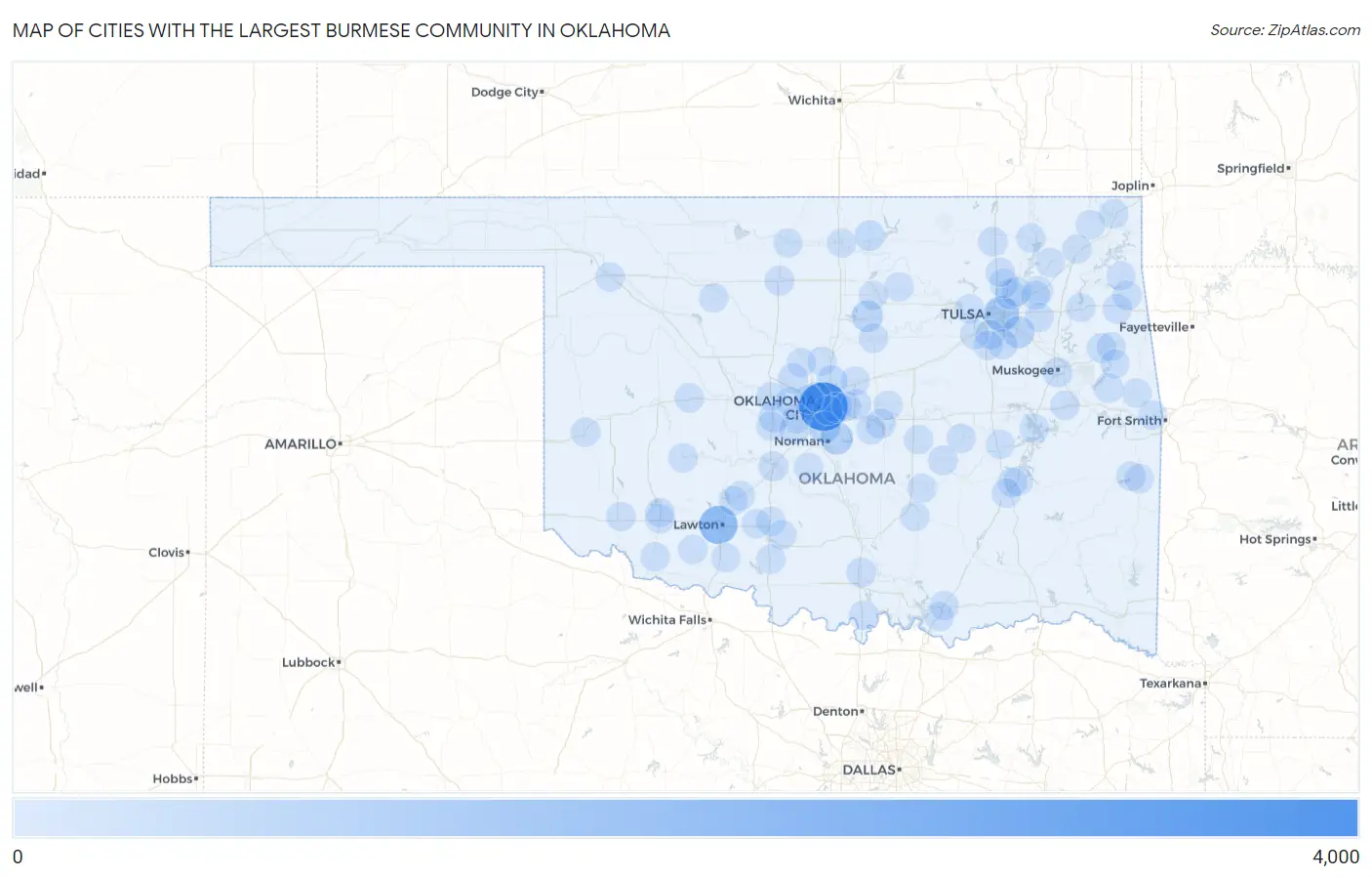 Cities with the Largest Burmese Community in Oklahoma Map