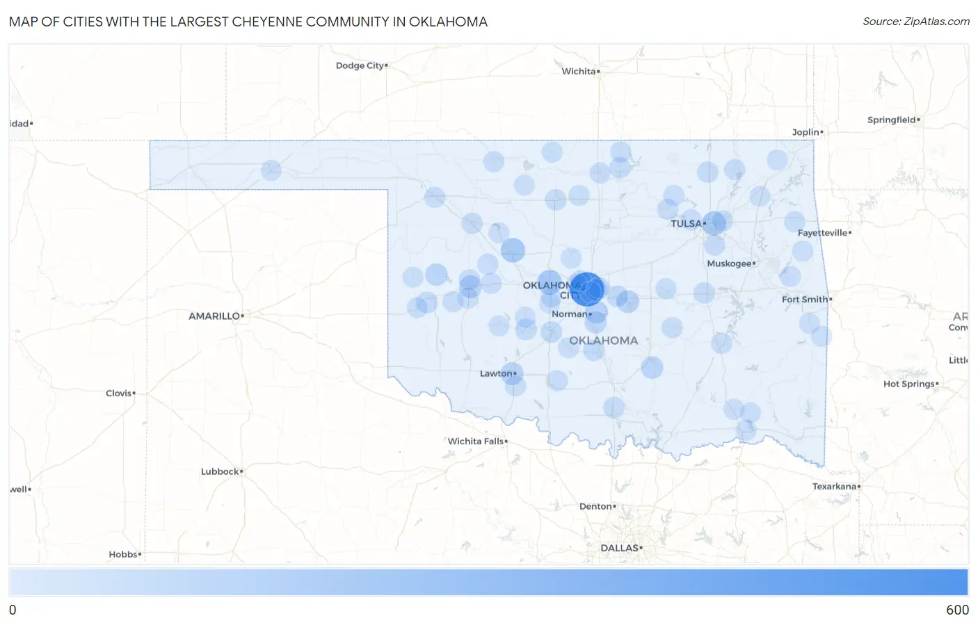 Cities with the Largest Cheyenne Community in Oklahoma Map