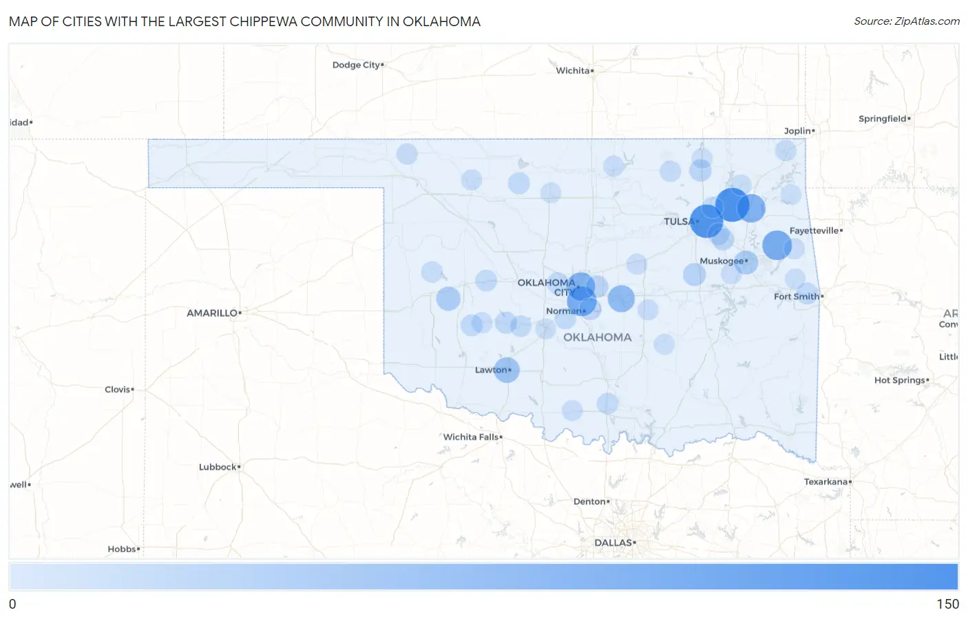 Cities with the Largest Chippewa Community in Oklahoma Map