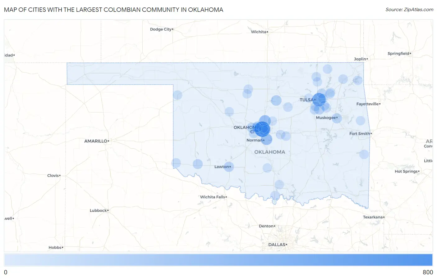 Cities with the Largest Colombian Community in Oklahoma Map