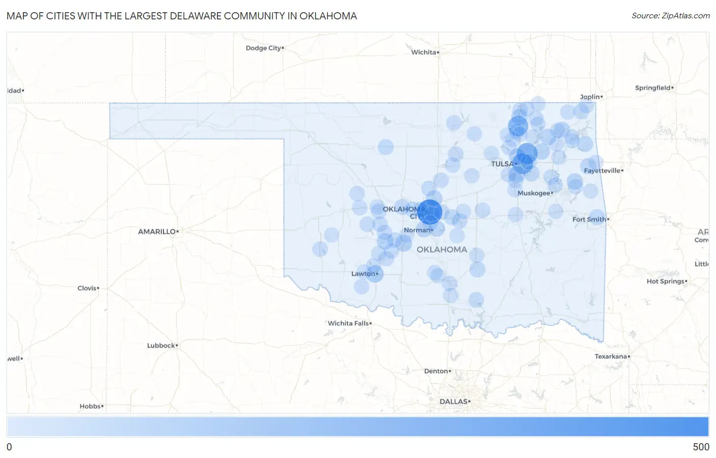 Cities with the Largest Delaware Community in Oklahoma Map