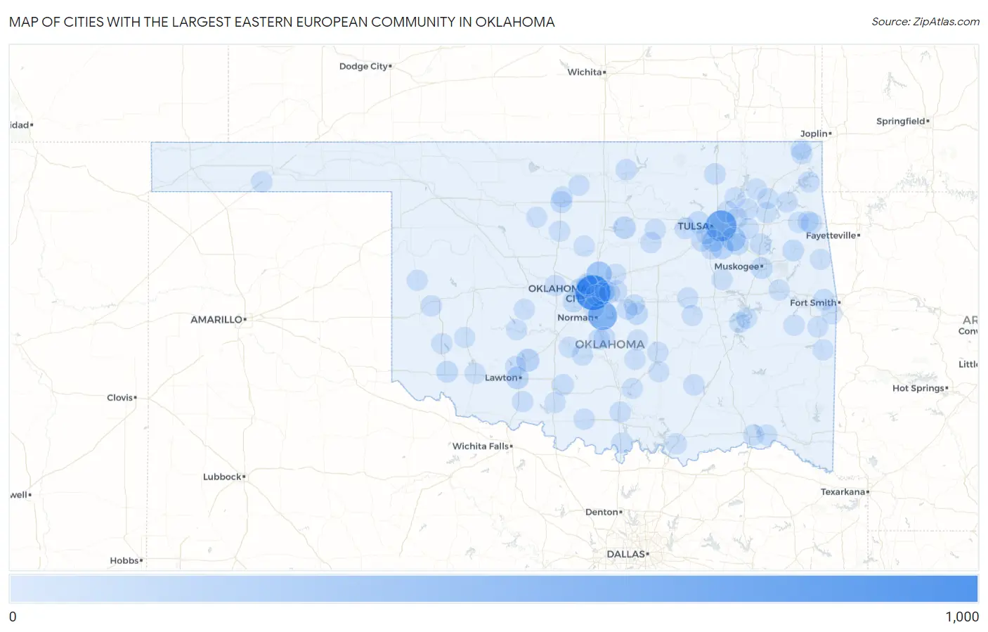 Cities with the Largest Eastern European Community in Oklahoma Map