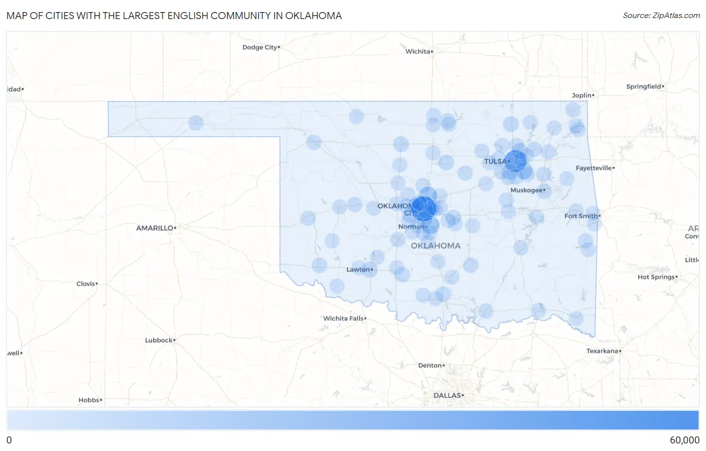 Cities with the Largest English Community in Oklahoma Map
