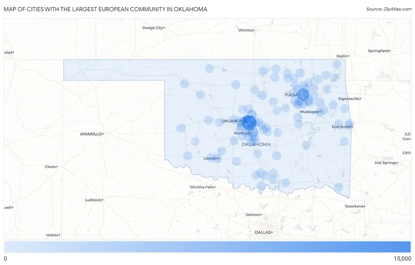 Cities with the Largest European Community in Oklahoma Map