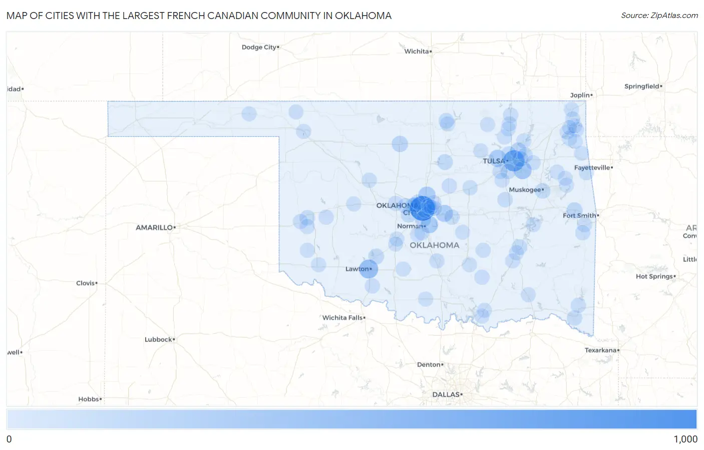Cities with the Largest French Canadian Community in Oklahoma Map
