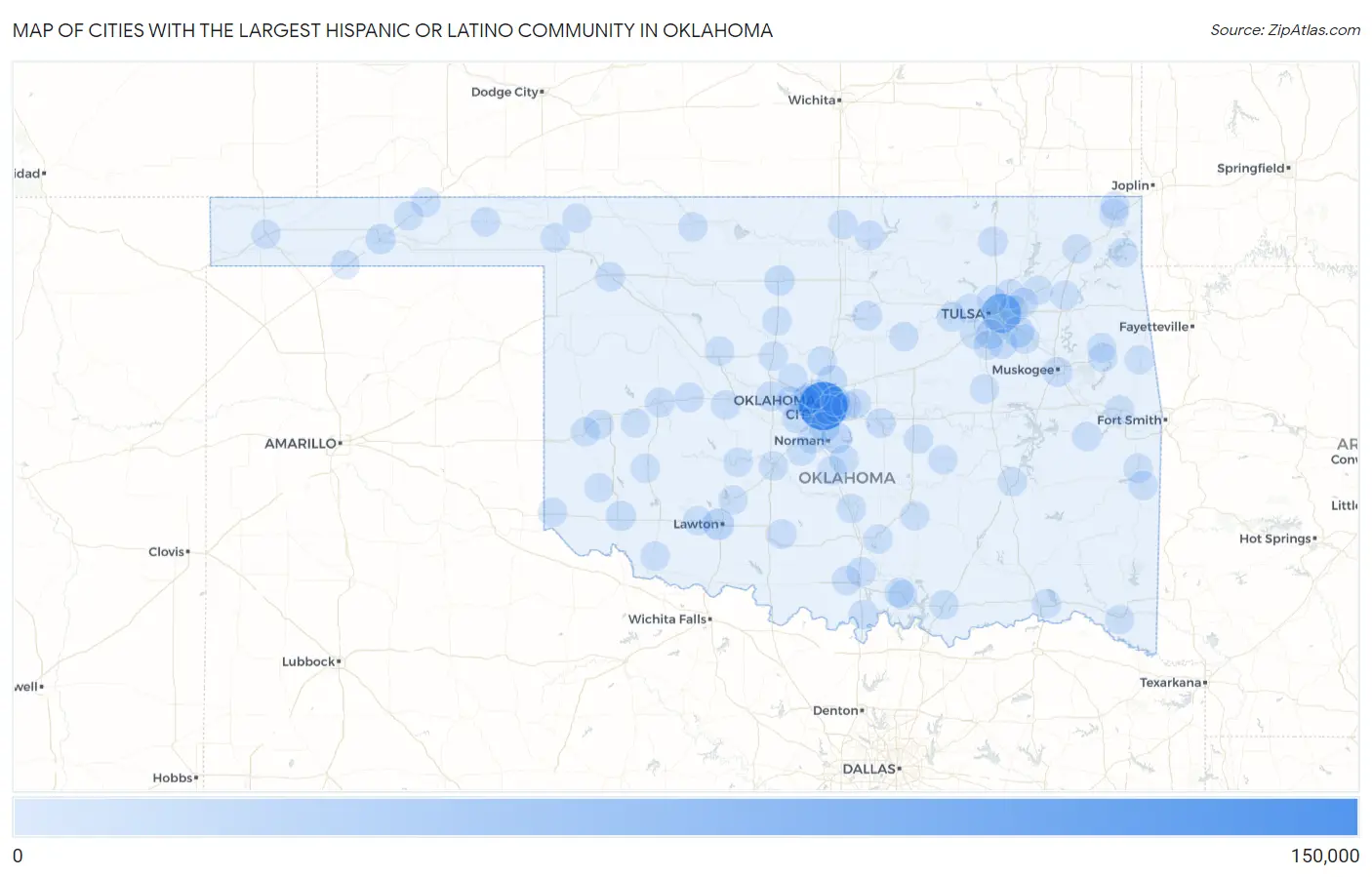 Cities with the Largest Hispanic or Latino Community in Oklahoma Map