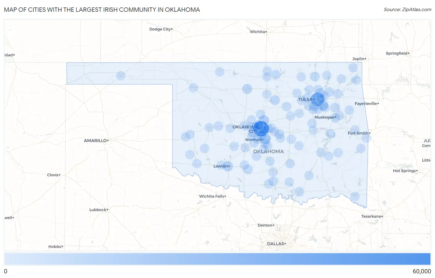 Cities with the Largest Irish Community in Oklahoma Map