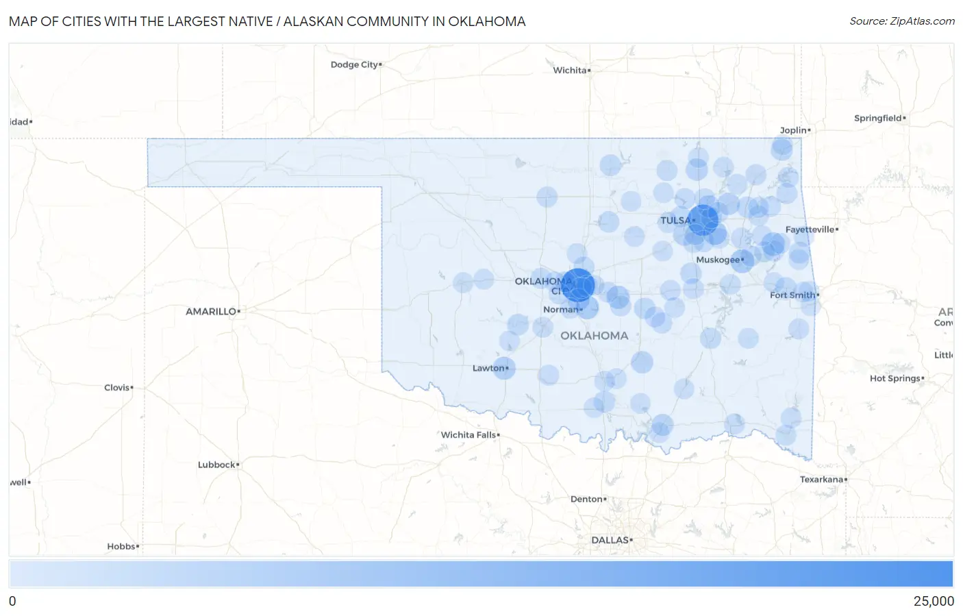 Cities with the Largest Native / Alaskan Community in Oklahoma Map