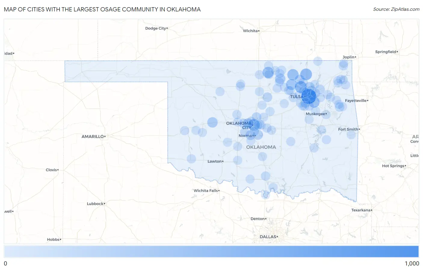 Cities with the Largest Osage Community in Oklahoma Map
