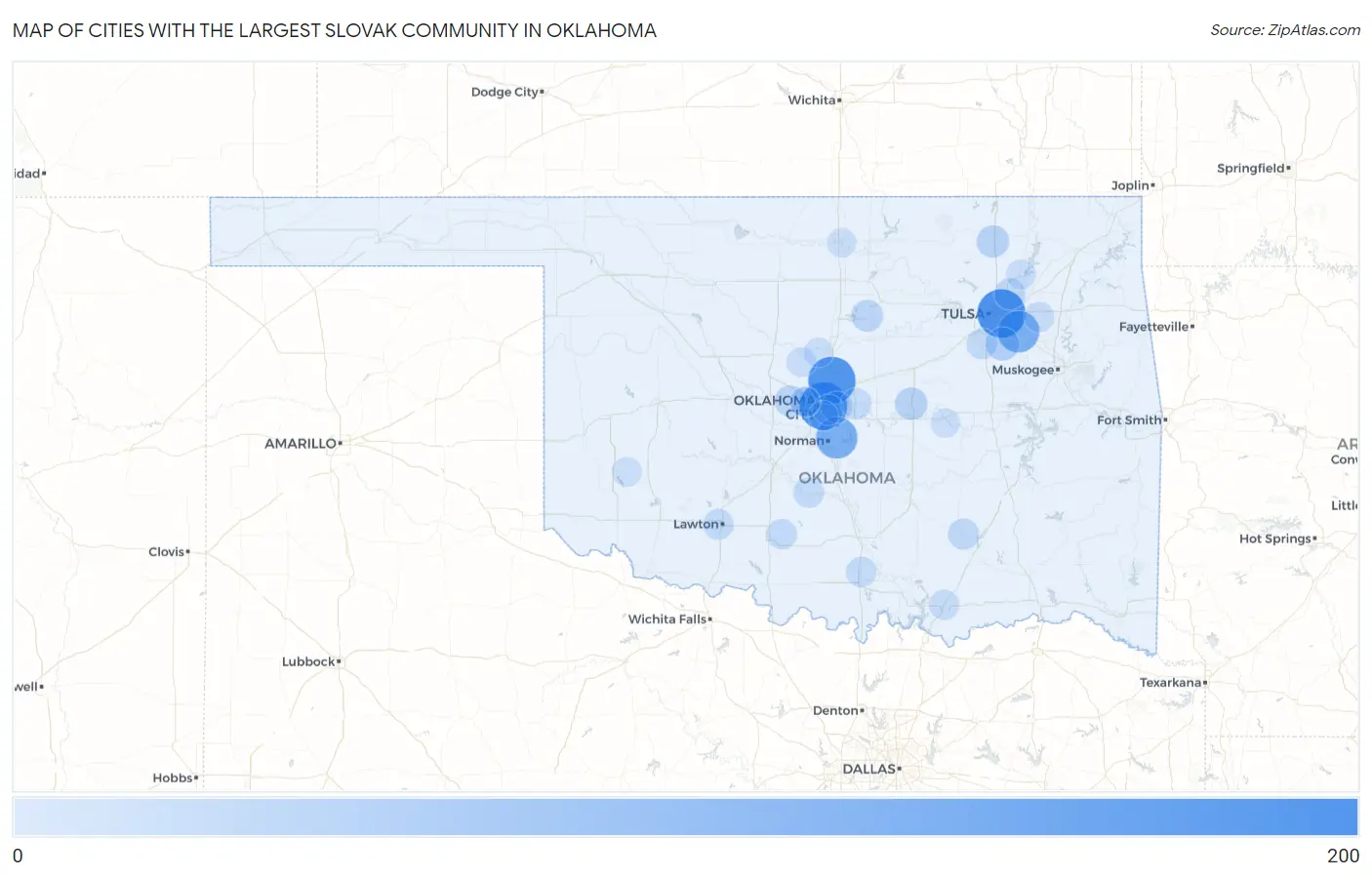 Cities with the Largest Slovak Community in Oklahoma Map