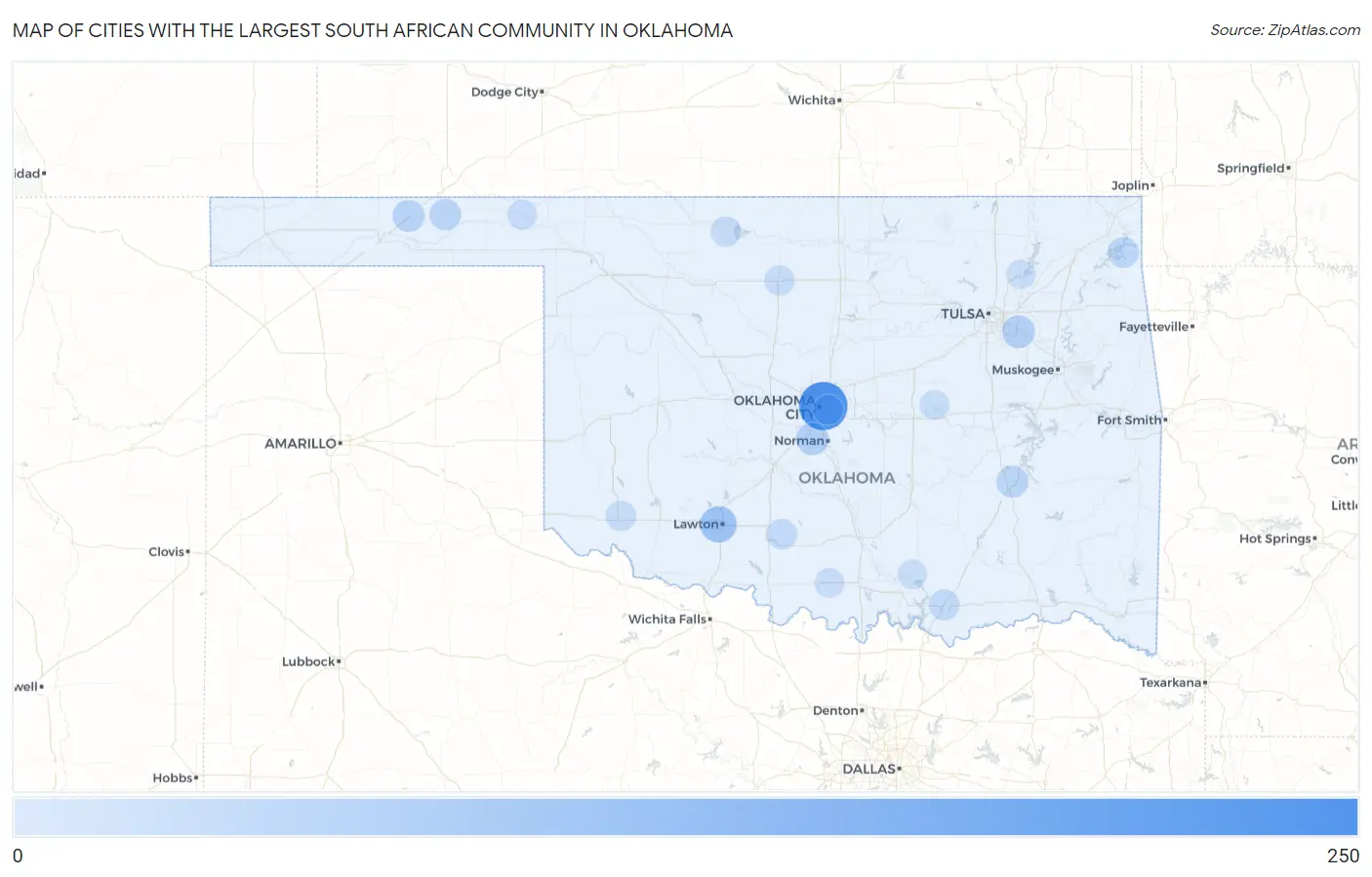 Cities with the Largest South African Community in Oklahoma Map