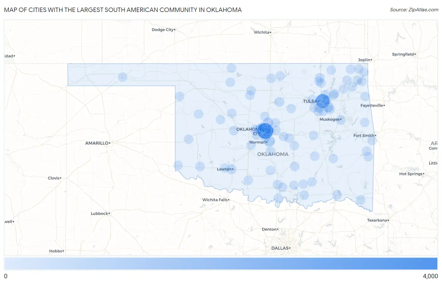 Cities with the Largest South American Community in Oklahoma Map