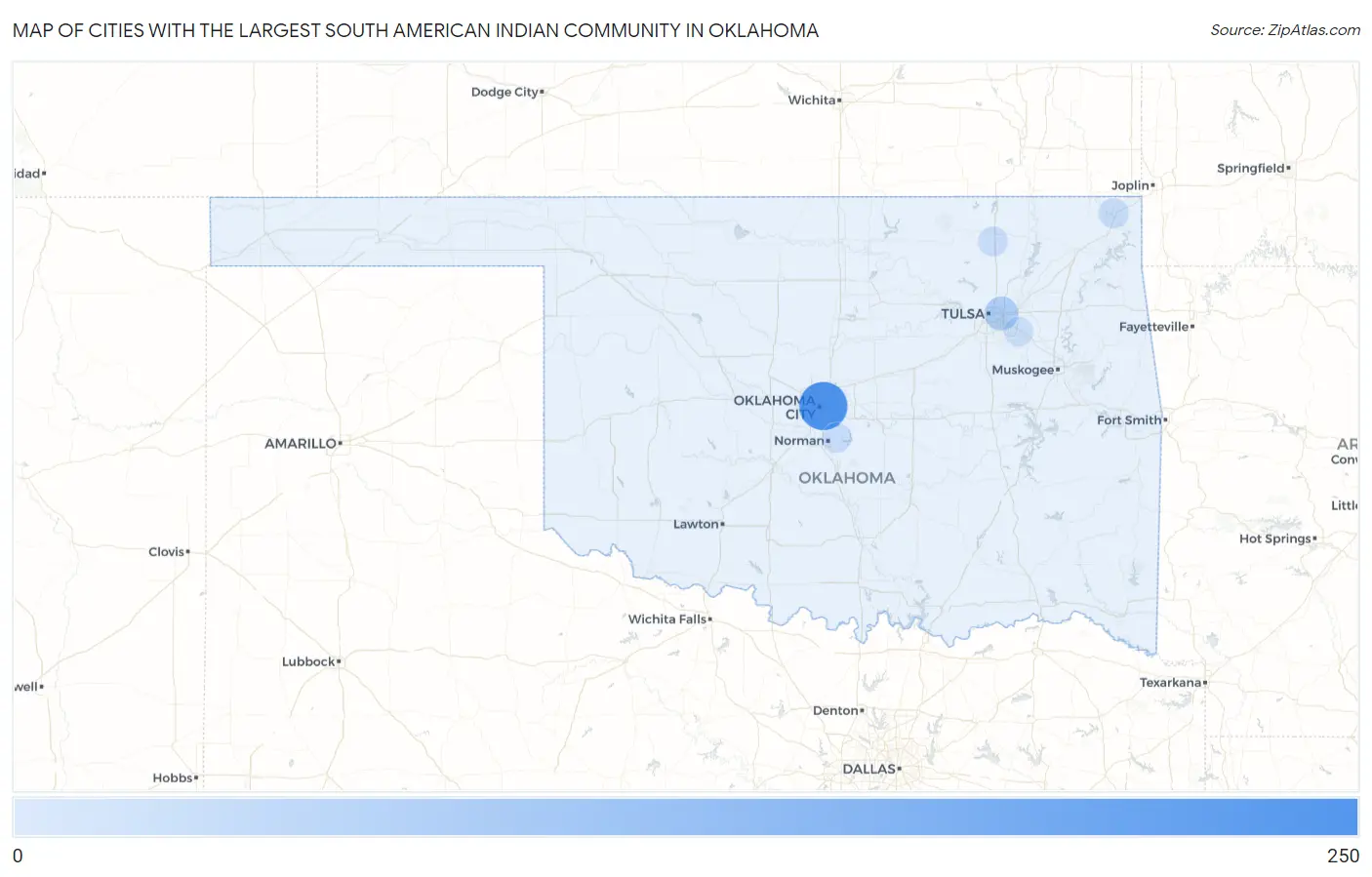 Cities with the Largest South American Indian Community in Oklahoma Map