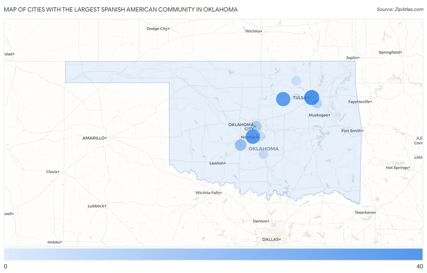 Cities with the Largest Spanish American Community in Oklahoma Map