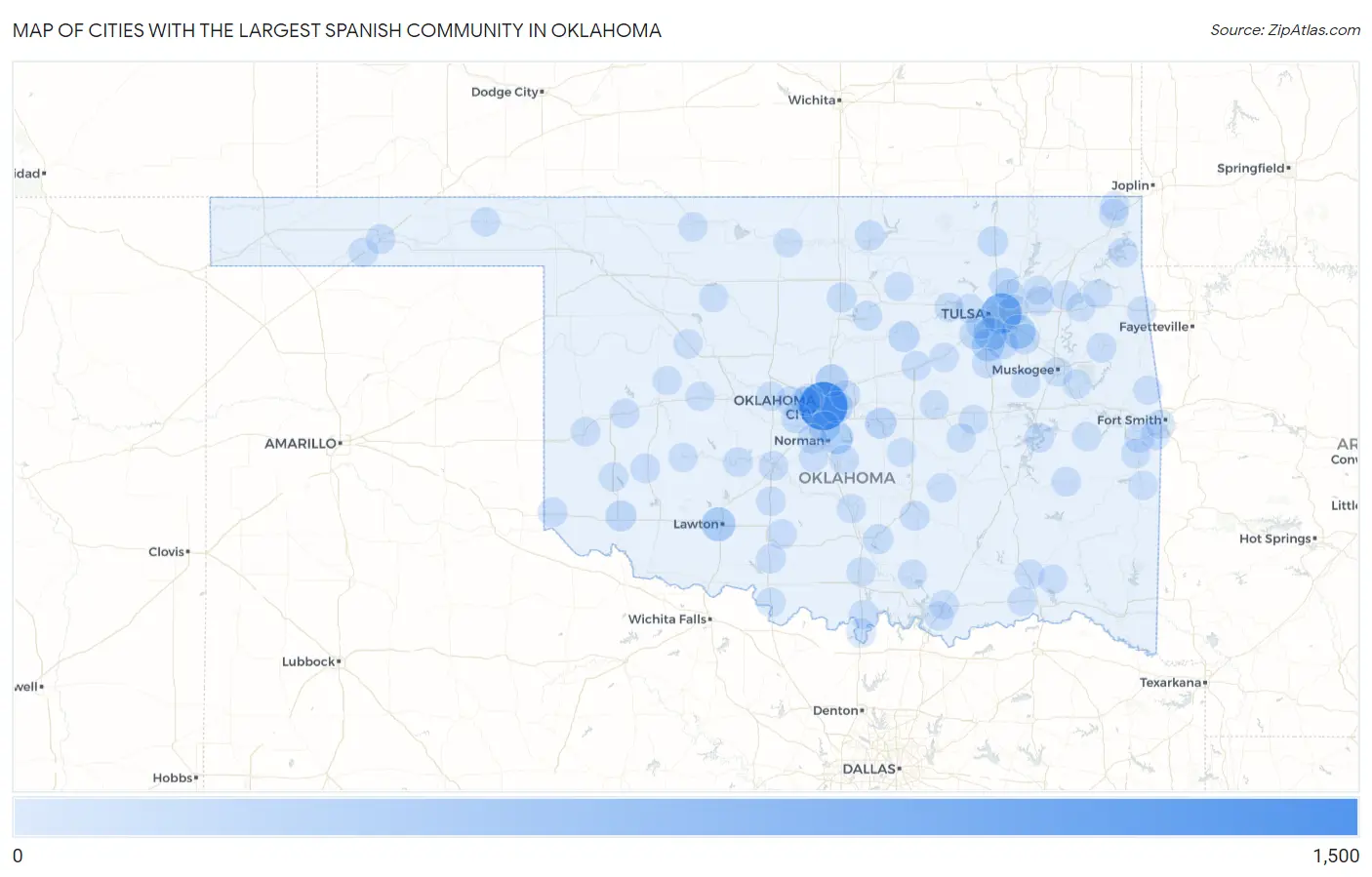 Cities with the Largest Spanish Community in Oklahoma Map