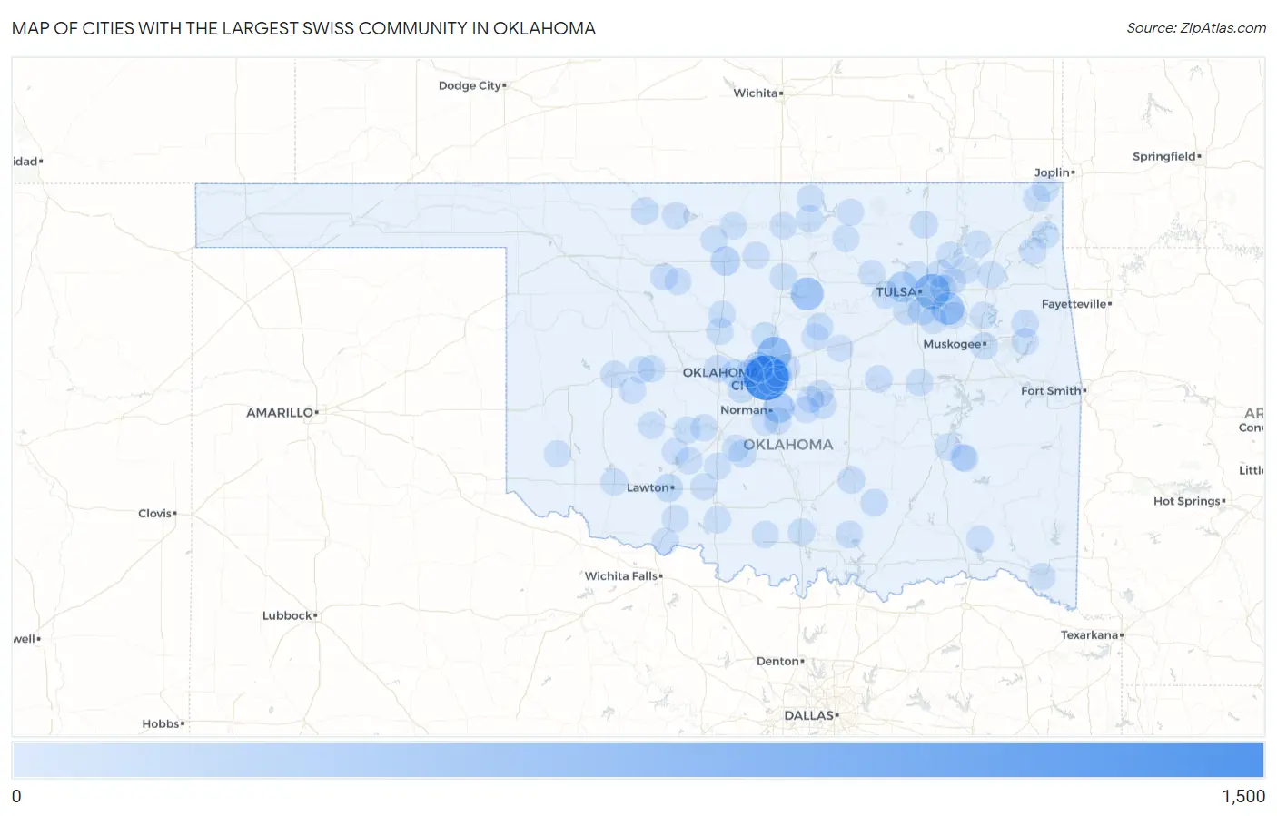 Cities with the Largest Swiss Community in Oklahoma Map