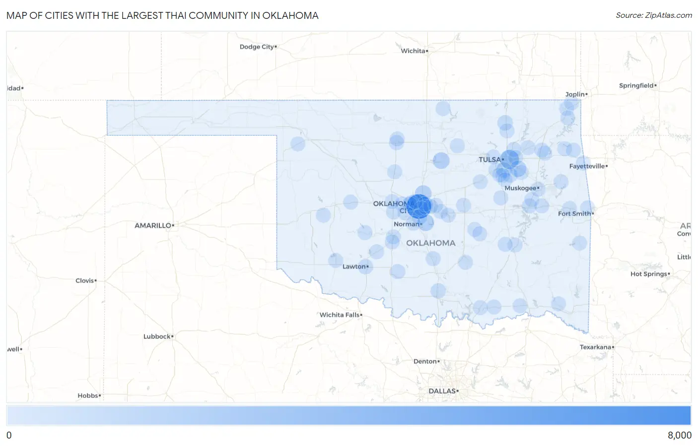 Cities with the Largest Thai Community in Oklahoma Map