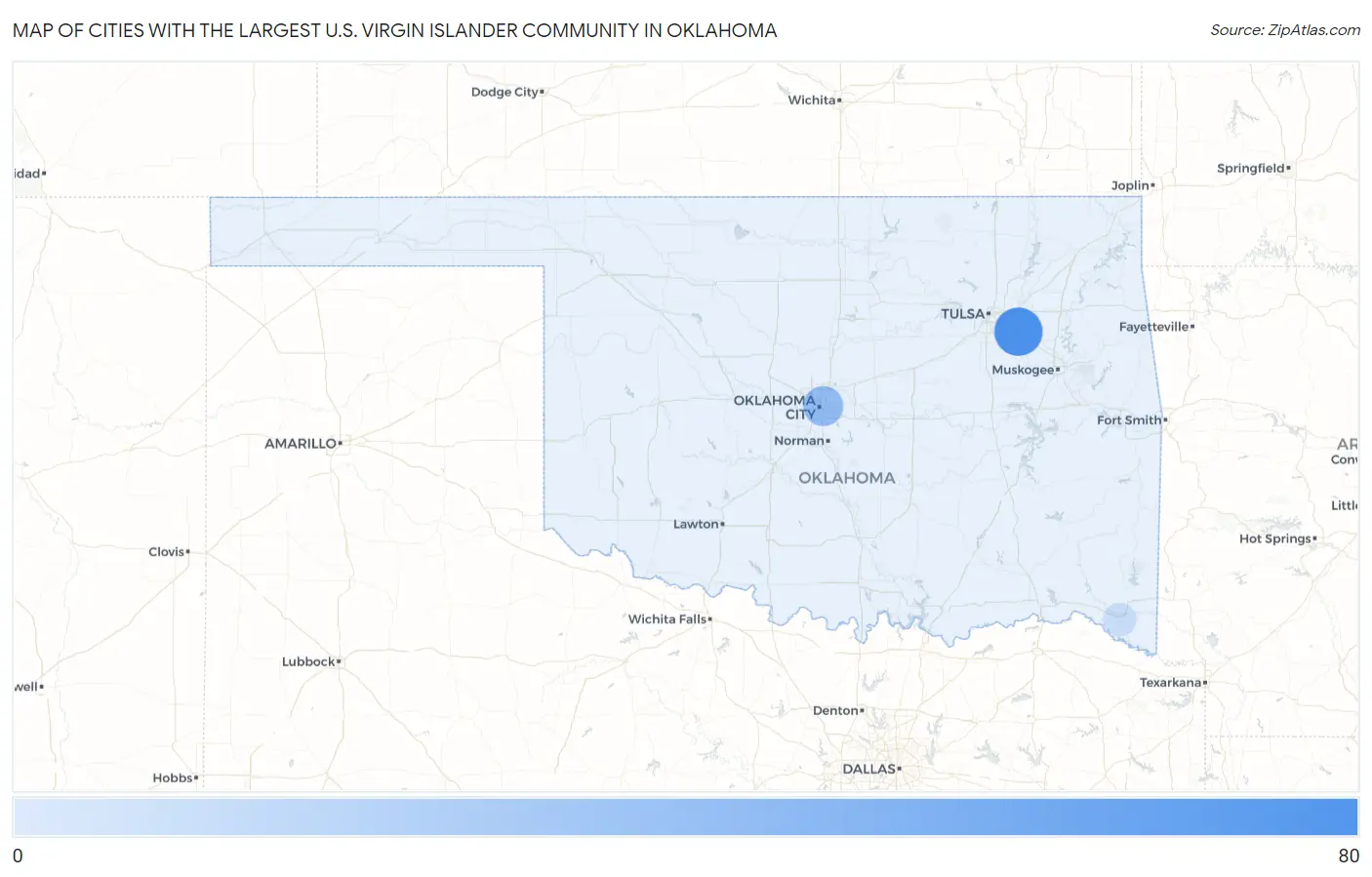 Cities with the Largest U.S. Virgin Islander Community in Oklahoma Map