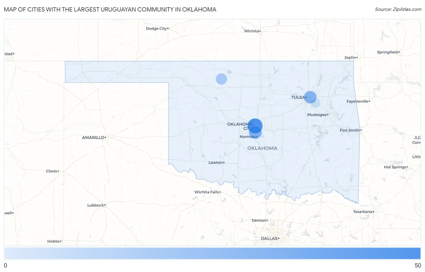 Cities with the Largest Uruguayan Community in Oklahoma Map