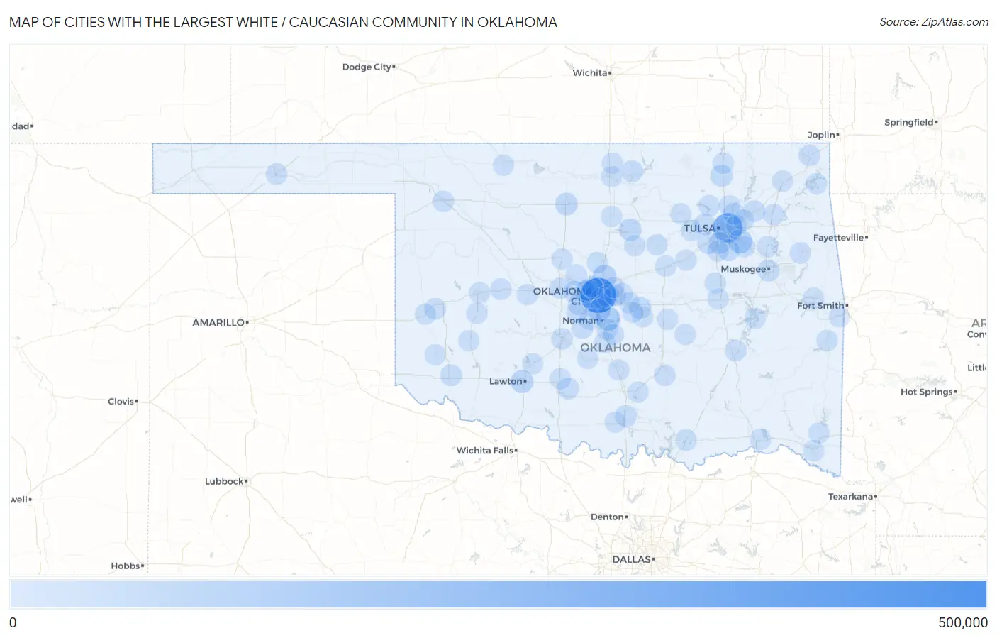 Cities with the Largest White / Caucasian Community in Oklahoma Map