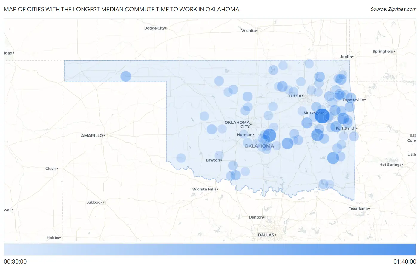 Cities with the Longest Median Commute Time to Work in Oklahoma Map