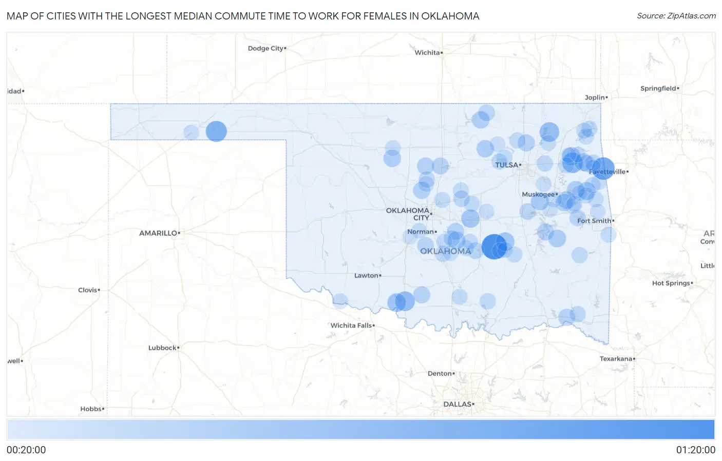 Cities with the Longest Median Commute Time to Work for Females in Oklahoma Map
