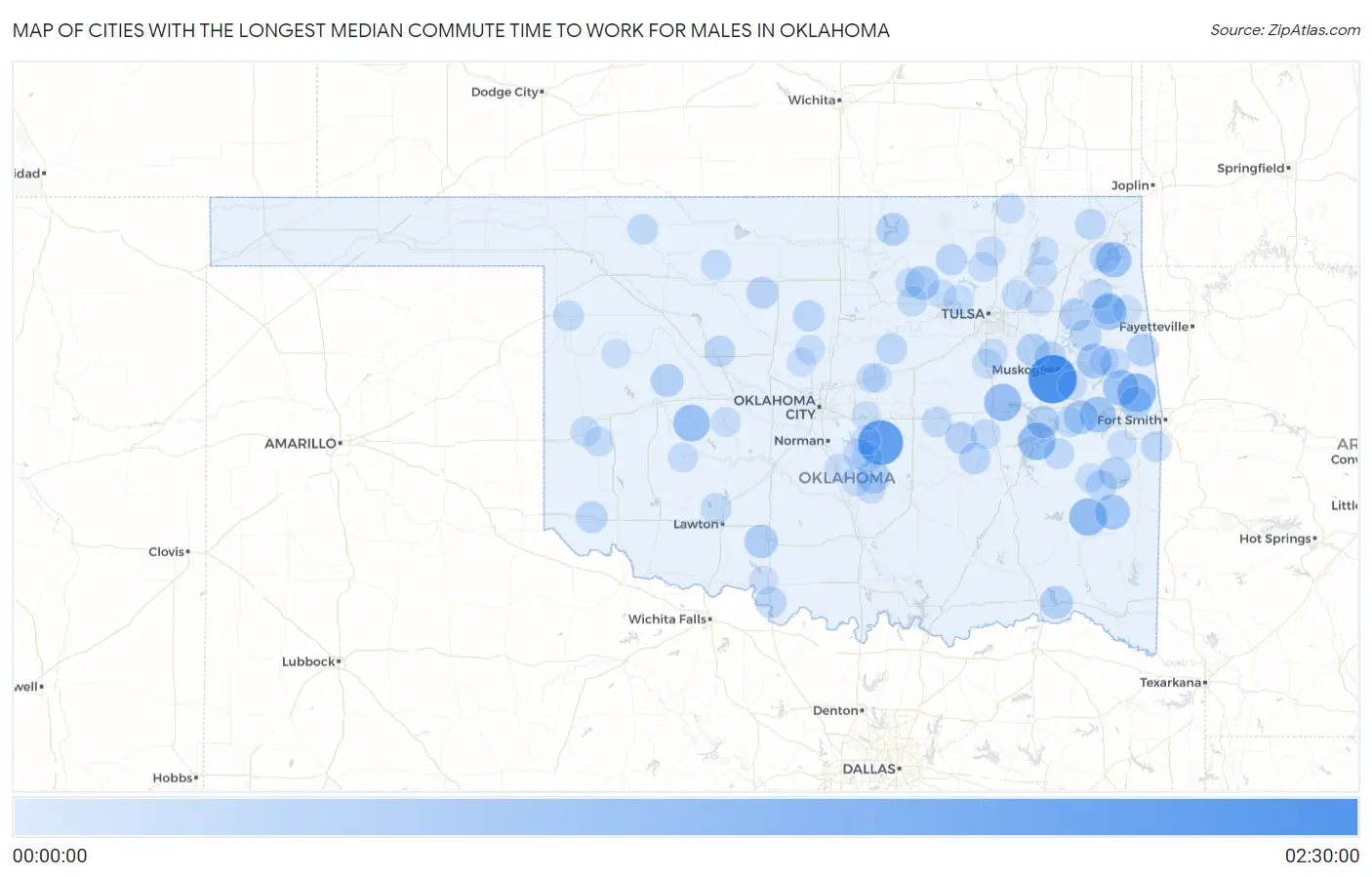 Cities with the Longest Median Commute Time to Work for Males in Oklahoma Map
